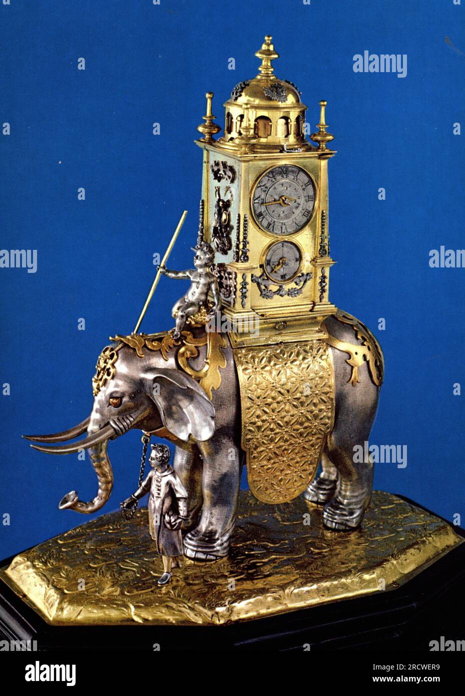 clock, hall clock, figure clock of an elephant, bronze, copper, gold-plated, by Georg Jungmair, ADDITIONAL-RIGHTS-CLEARANCE-INFO-NOT-AVAILABLE Stock Photo
