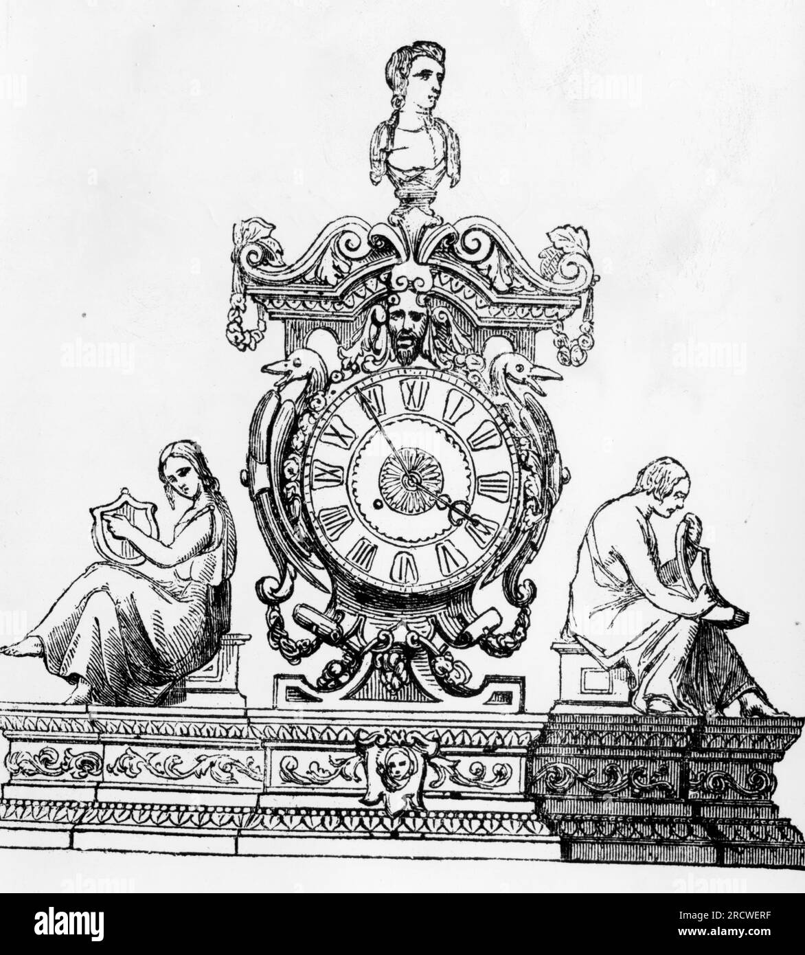 clock, hall clock, hall clock, wood engraving, 19th century, ADDITIONAL-RIGHTS-CLEARANCE-INFO-NOT-AVAILABLE Stock Photo