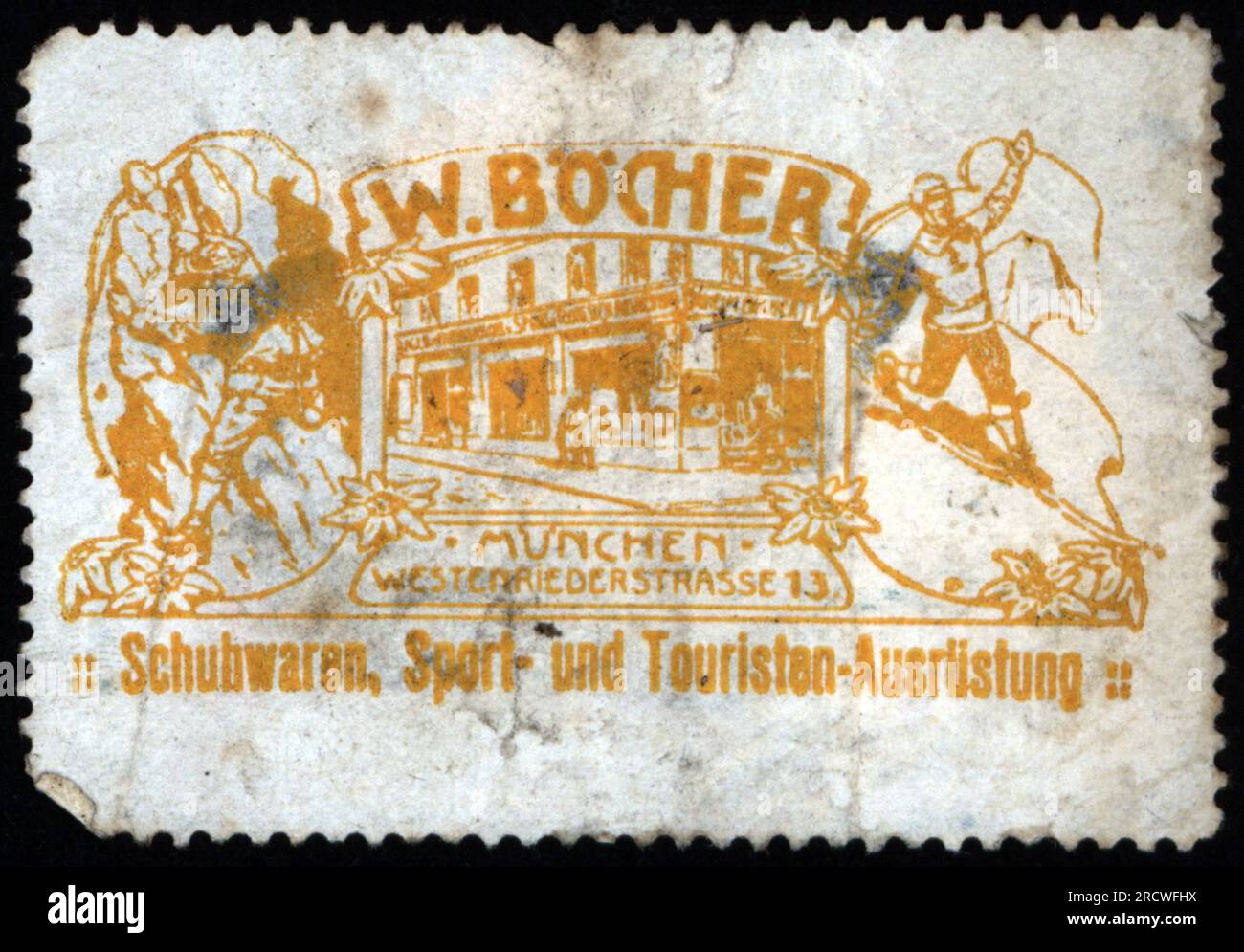 advertising, shoe ware, sports and tourists equipment, W. Boecher, Munich, poster stamp, circa 1910, ADDITIONAL-RIGHTS-CLEARANCE-INFO-NOT-AVAILABLE Stock Photo