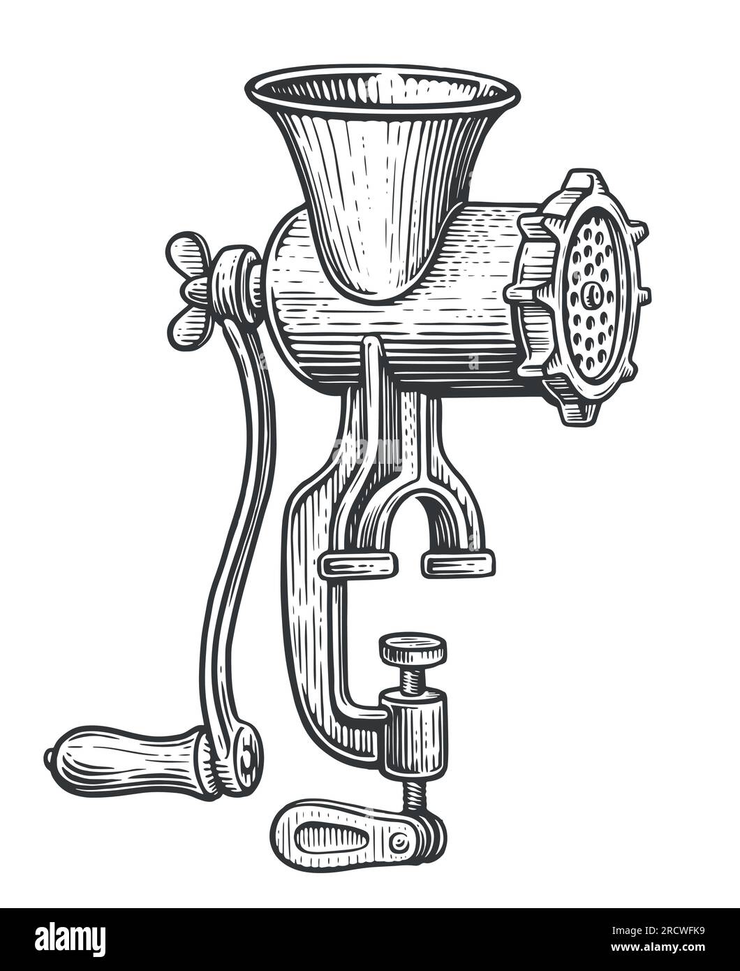Retro manual mechanical meat grinder. Vintage kitchen equipment sketch