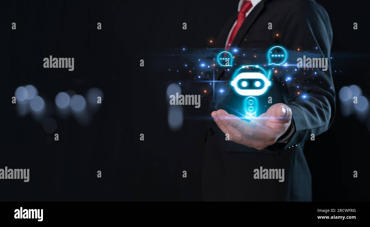 Businessman Holding Hologram Digital Chatbot Robot Application