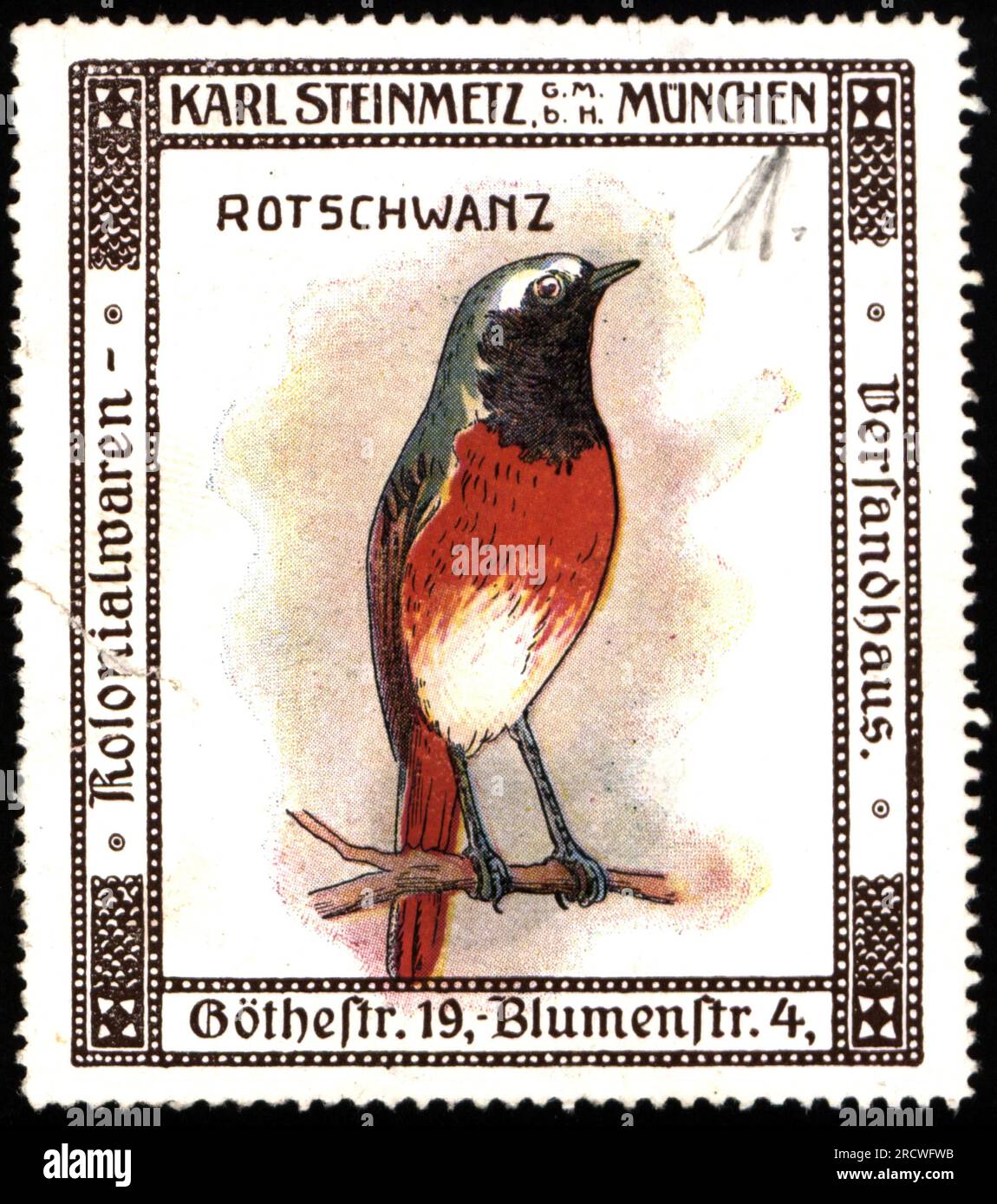 advertising, food, colonial goods catalogue company Karl Steinmetz GmbH, Munich, poster stamp, ADDITIONAL-RIGHTS-CLEARANCE-INFO-NOT-AVAILABLE Stock Photo