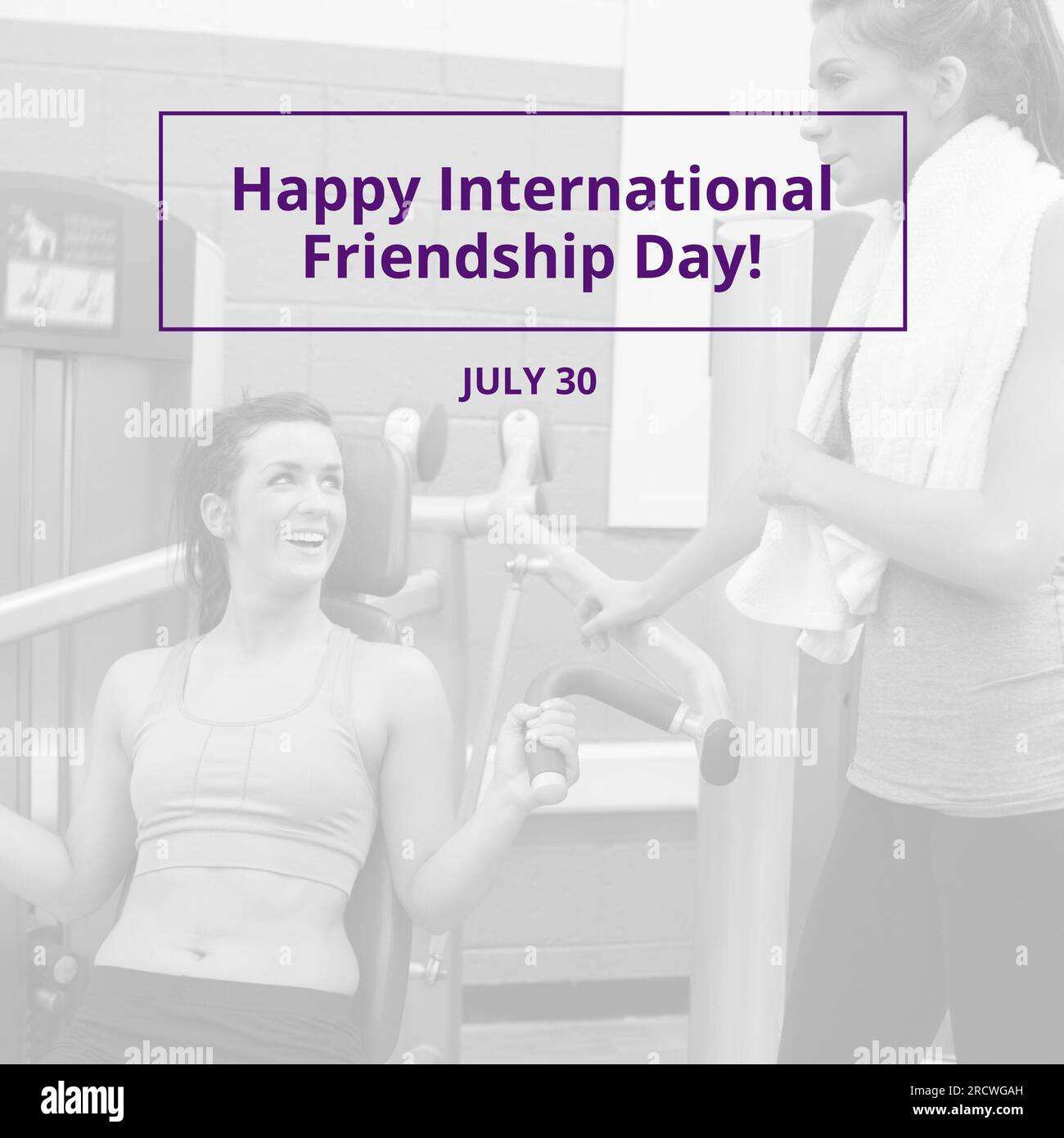 Happy International Friendship Day Text In Purple Over Happy Caucasian Happy International Friendship Day Text In Purple Over Happy Caucasian