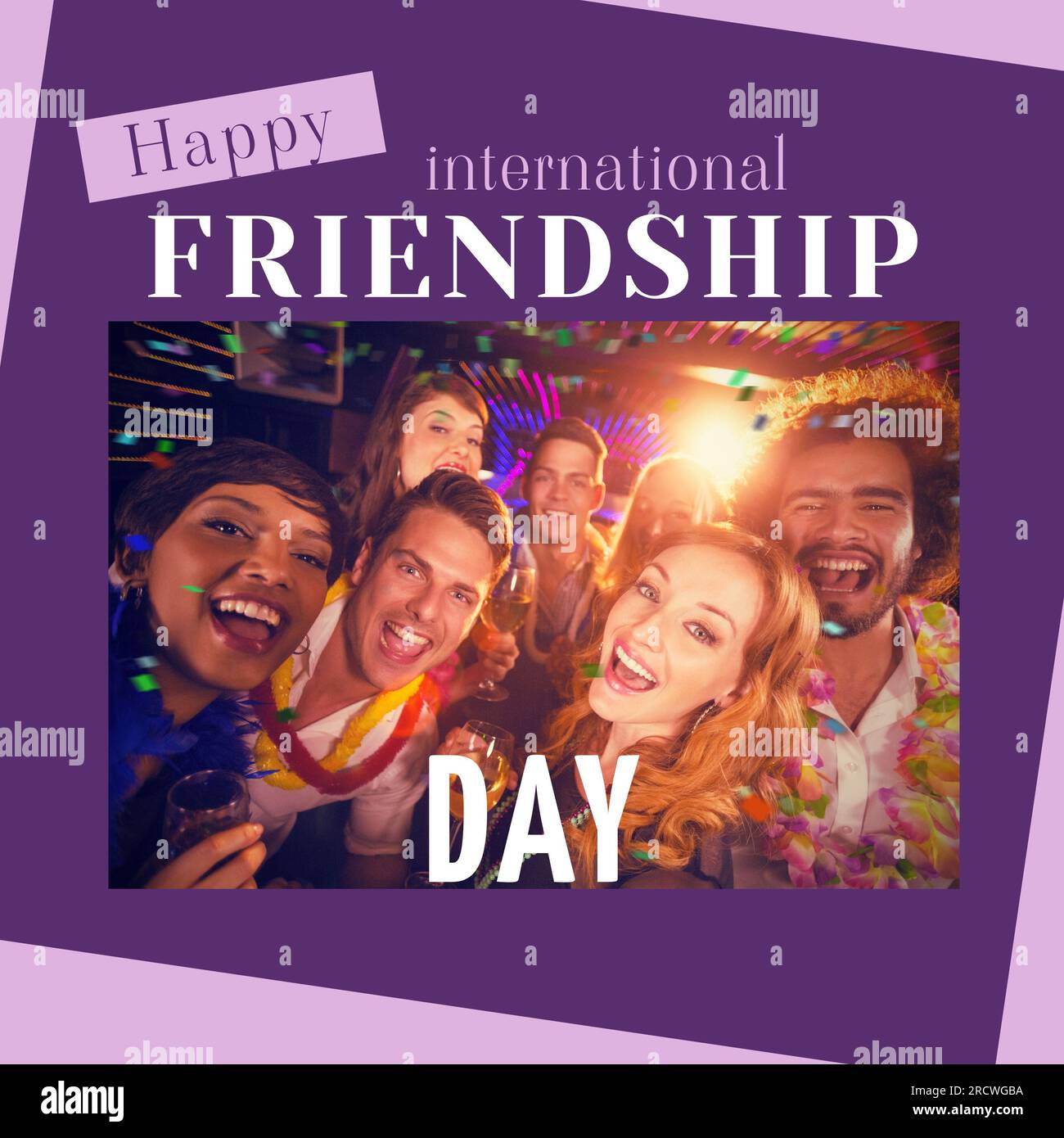 Happy international friendship day text on purple with happy diverse friends at party in club Stock Photo