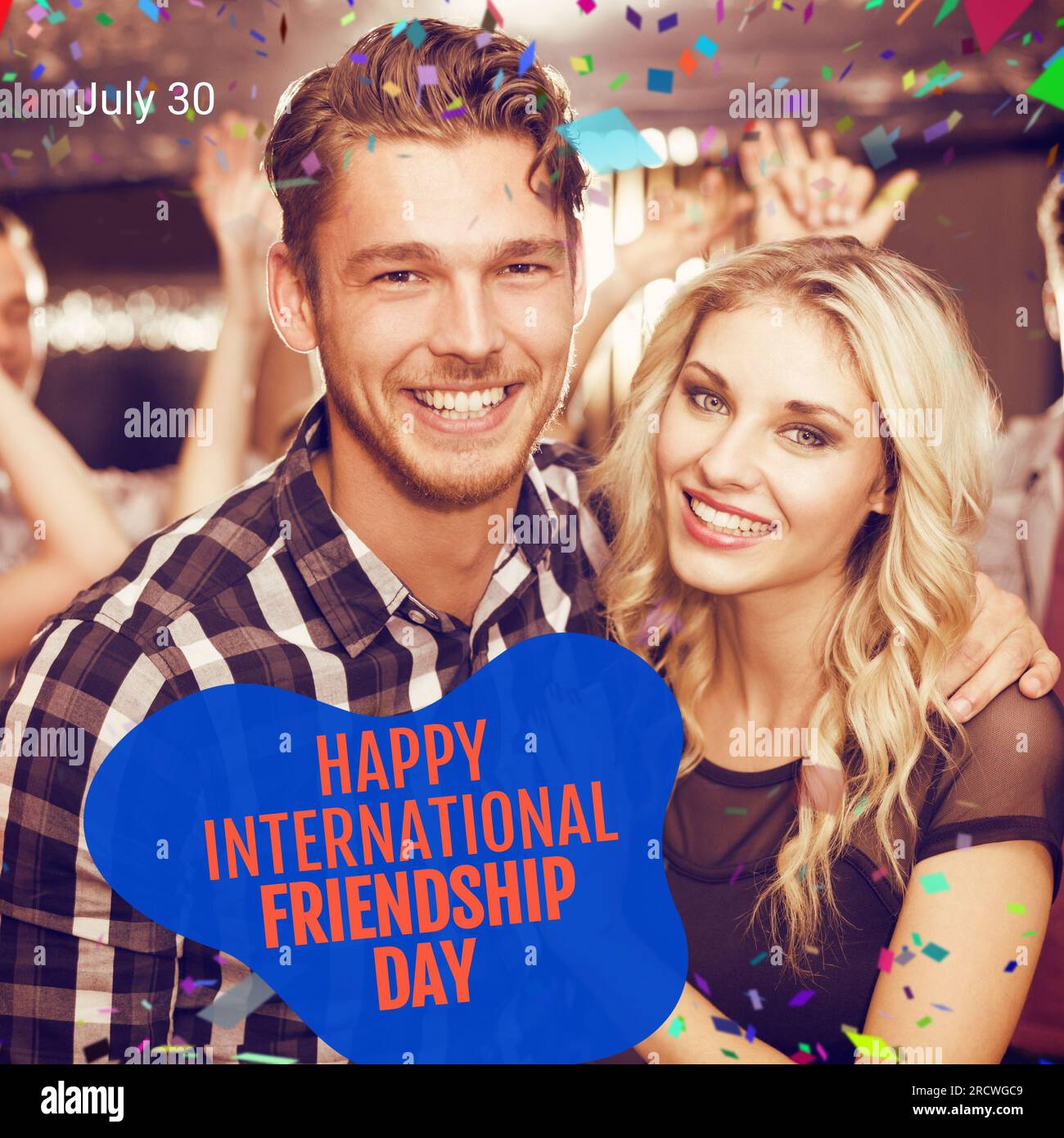 Happy International Friendship Day Text On Blue Over Happy Caucasian Happy International Friendship Day Text On Blue Over Happy Caucasian