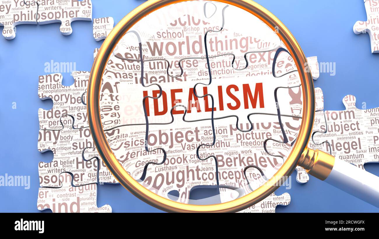 Idealism being closely examined along with multiple vital concepts and ideas directly related to Idealism. Many parts of a puzzle forming one, connect Stock Photo