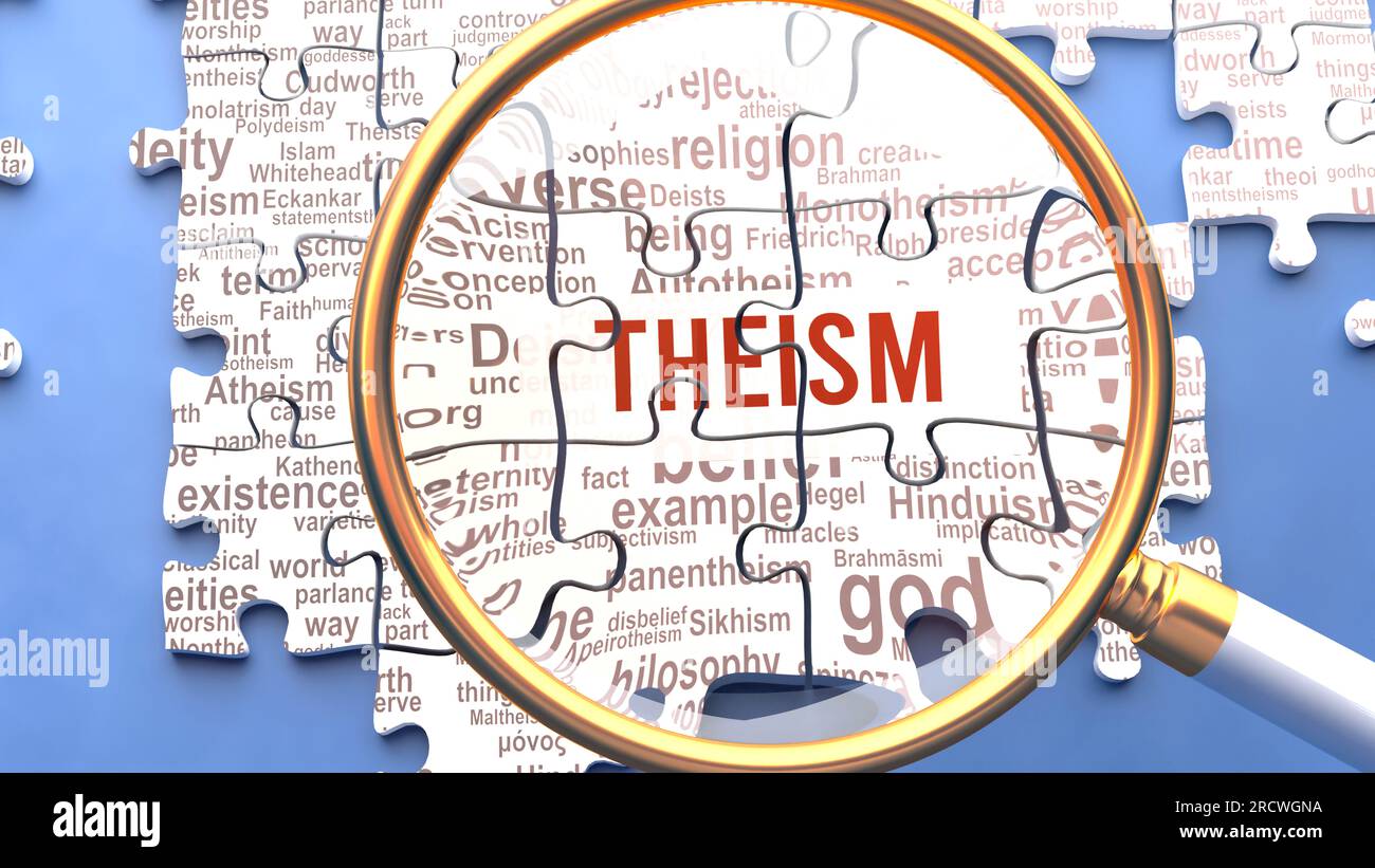 Theism being closely examined along with multiple vital concepts and ideas directly related to Theism. Many parts of a puzzle forming one, connected w Stock Photo