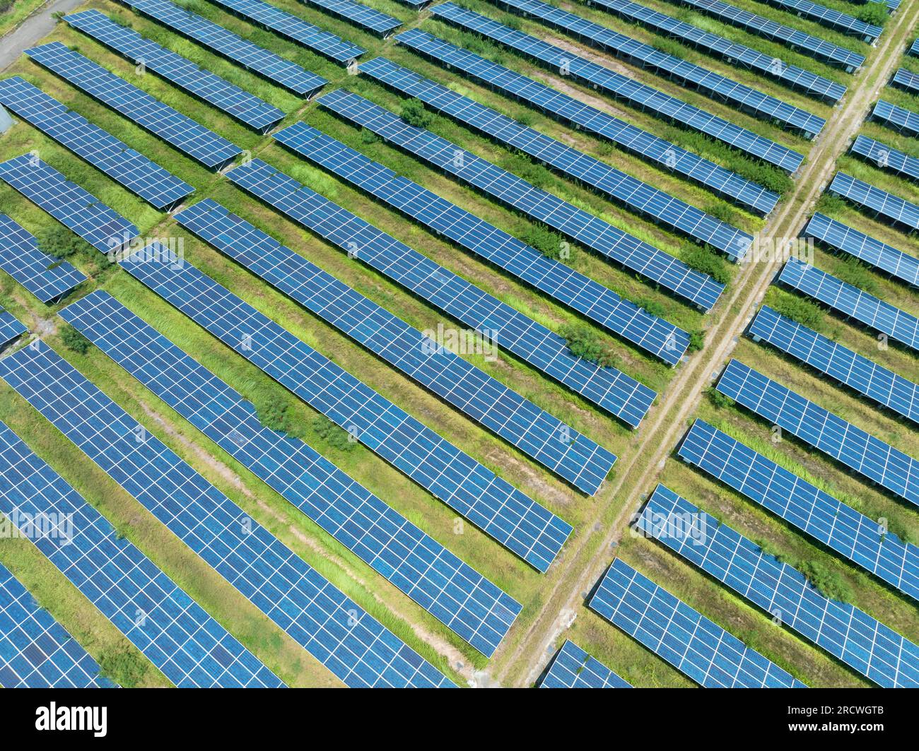 Aerial view of Solar panels, solar farms Stock Photo