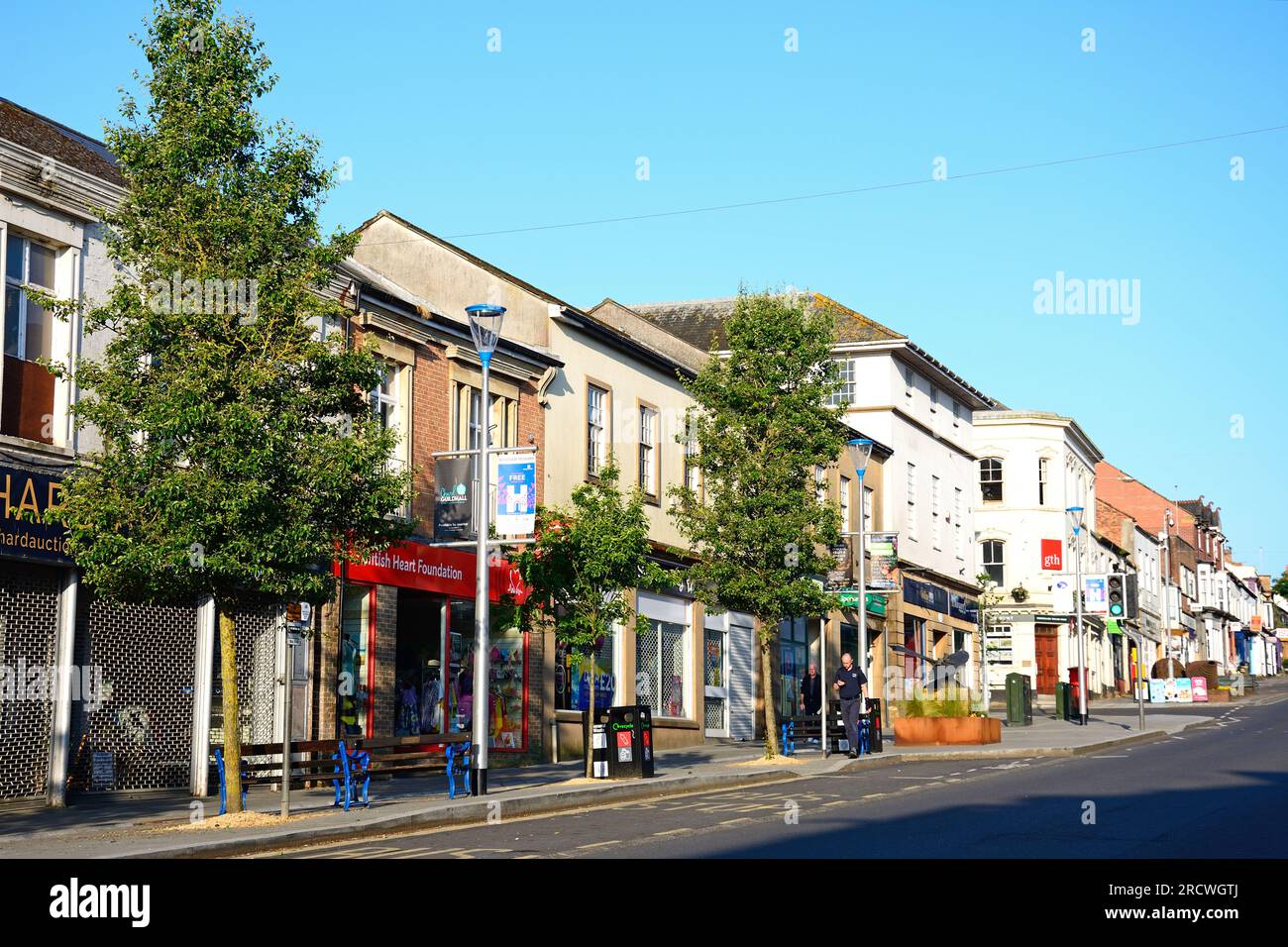 View of the shops along Fore Street and High Street in the town centre, Chard, Somerset, UK, Europe. Stock Photo