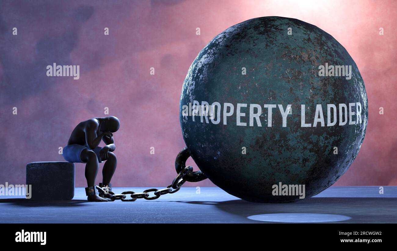 Property ladder - a gigantic and unmovable weight chained to a vulnerable and suffering person in pain, misery and helplessness. Cold and tragic condi Stock Photo