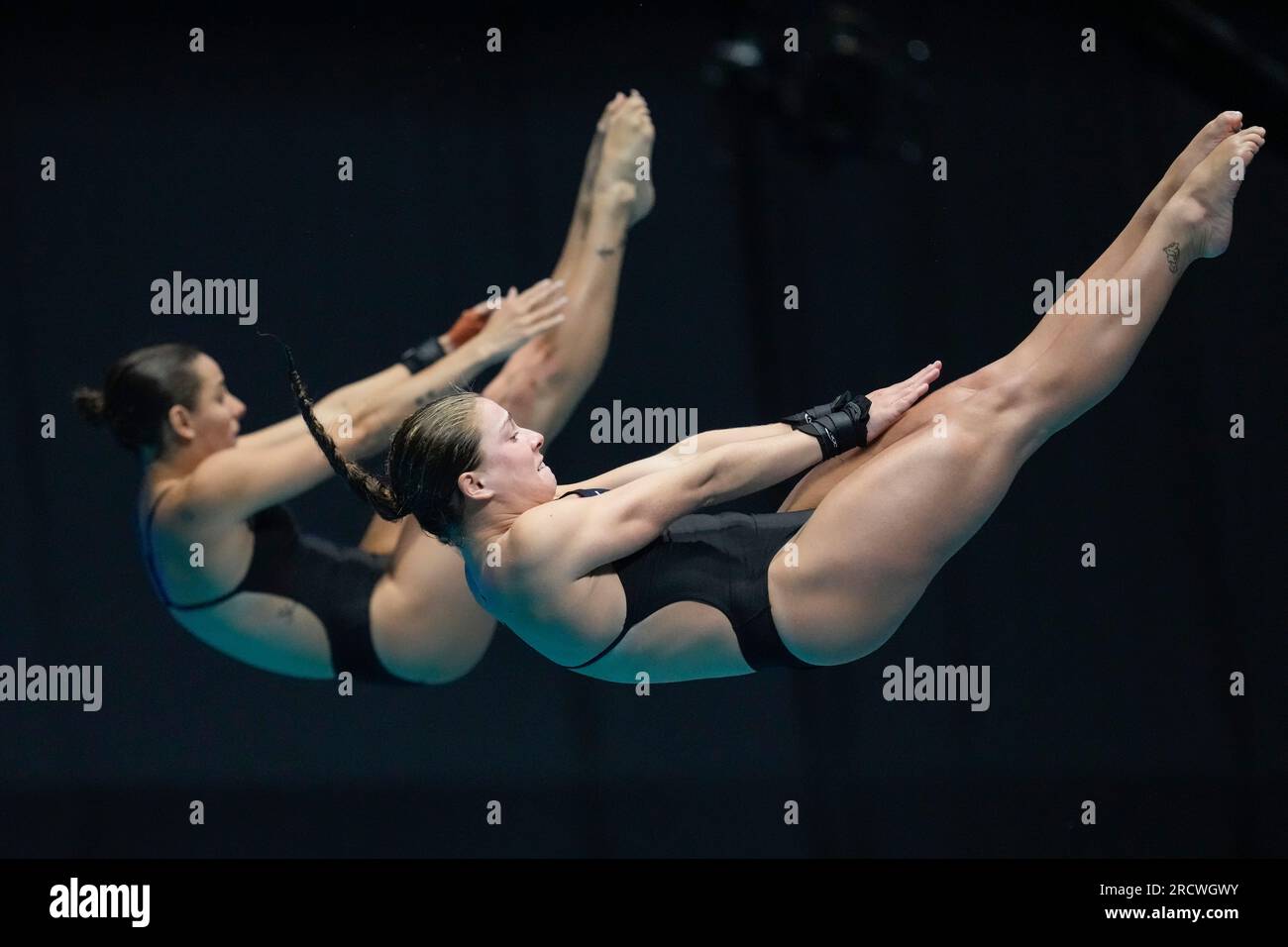 Synchronised Springboard Mia Vallee and Pamela Ware, of Canada, compete in the women's 3-meter ...
