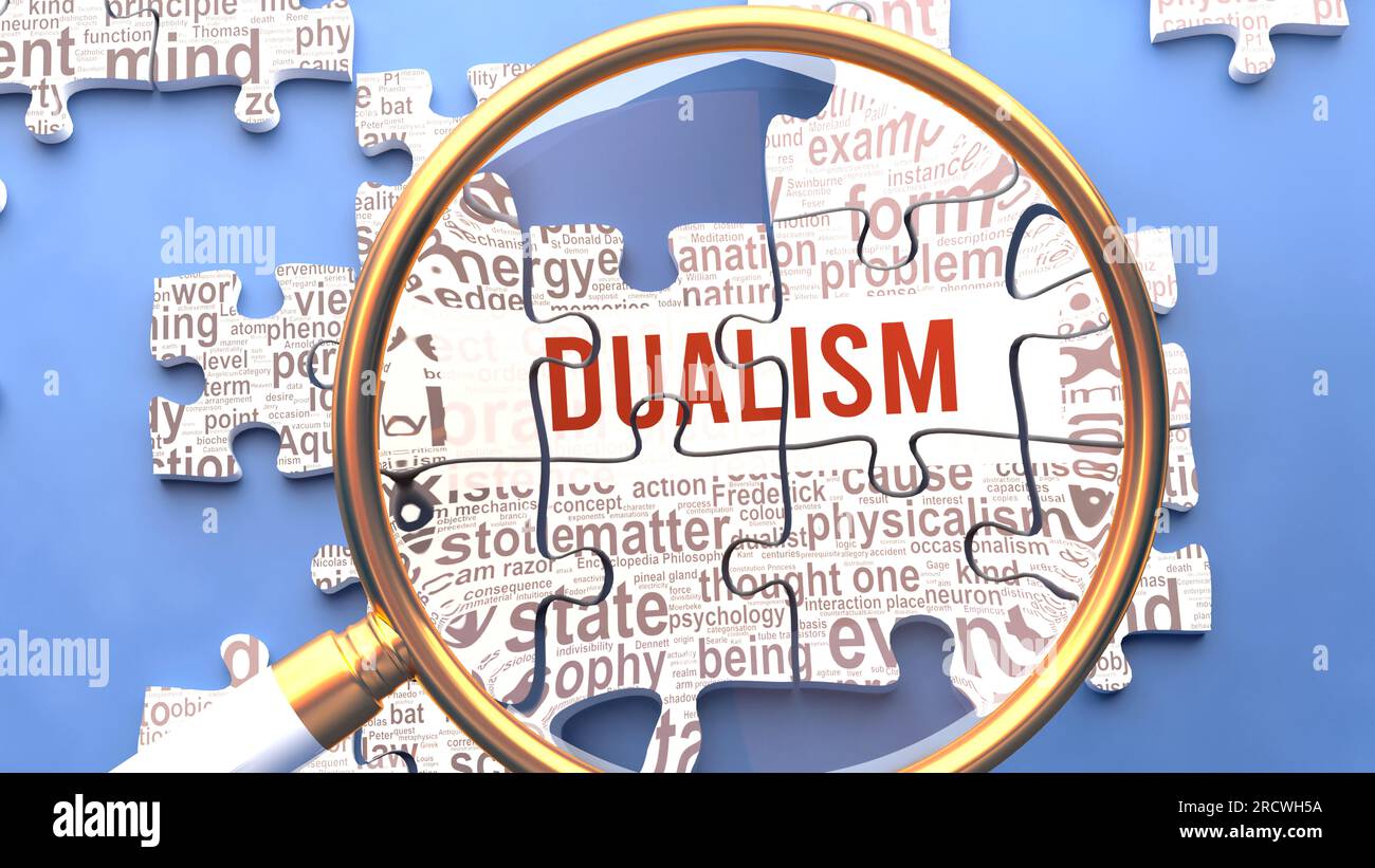 Dualism being closely examined along with multiple vital concepts and ideas directly related to Dualism. Many parts of a puzzle forming one, connected Stock Photo