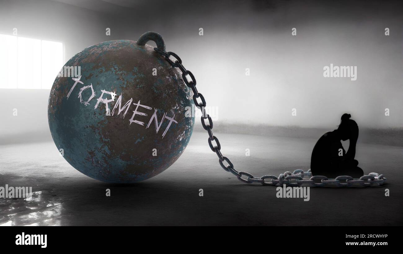 Torment against a woman. Trapped in a hate prison, chained to a burden of Torment. Alone in pain and suffering.,3d illustration Stock Photo