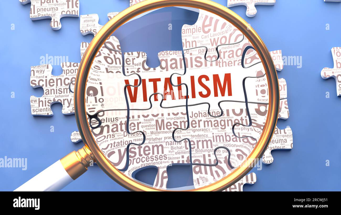 Vitalism being closely examined along with multiple vital concepts and ideas directly related to Vitalism. Many parts of a puzzle forming one, connect Stock Photo