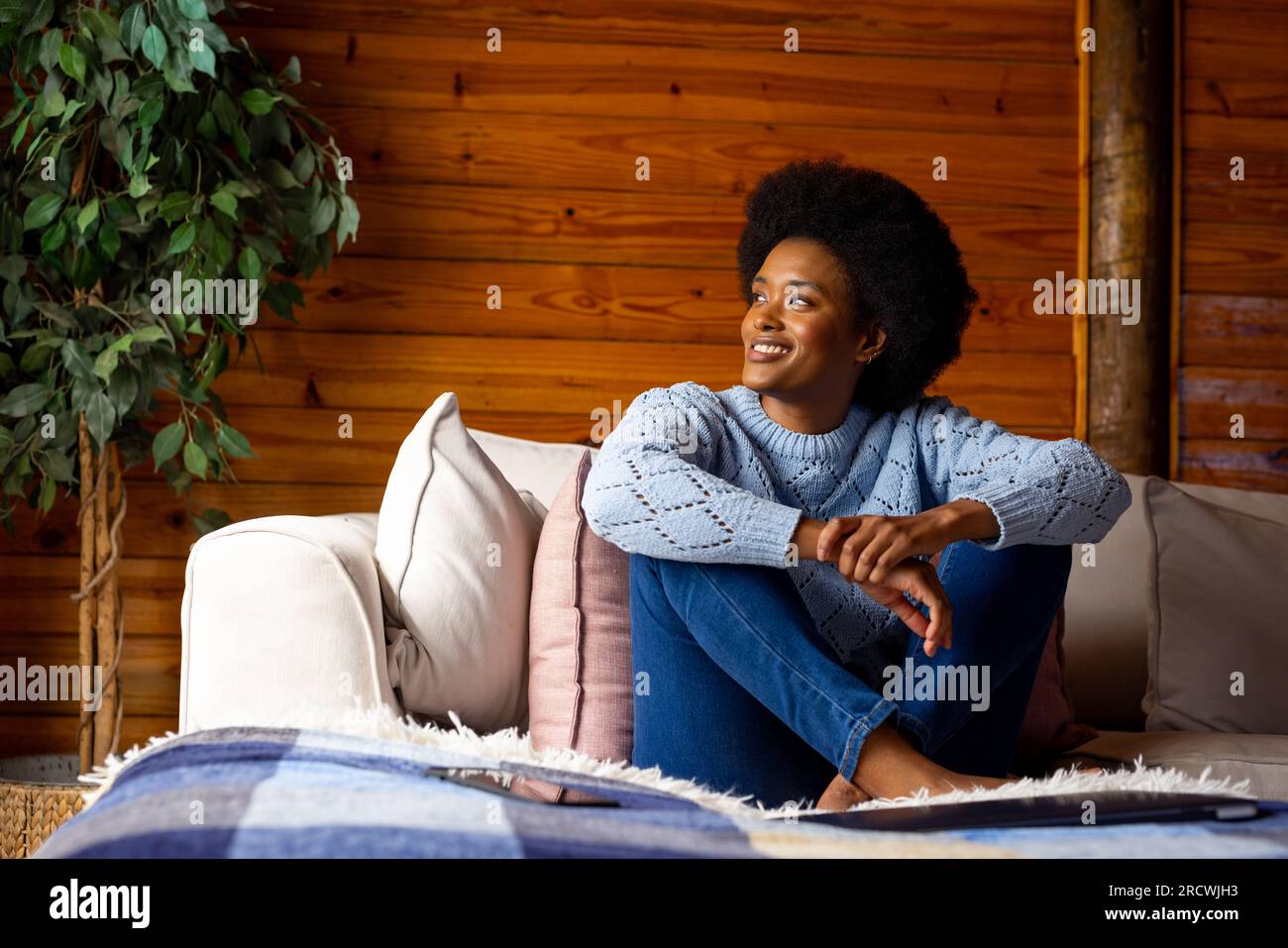 Happy african american woman sitting on sofa in wooden cabin looking to ...