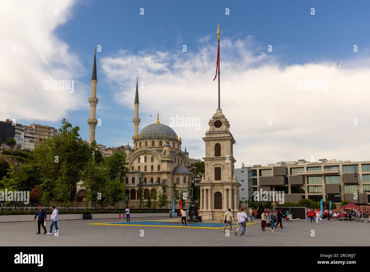 Istanbul, Turkey, May 31, 2023: Nusretiye Clock Tower, aka Tophane Clock Tower, with Nusretiye imperial Ottoman ornate Mosque in the background, locat Stock Photo