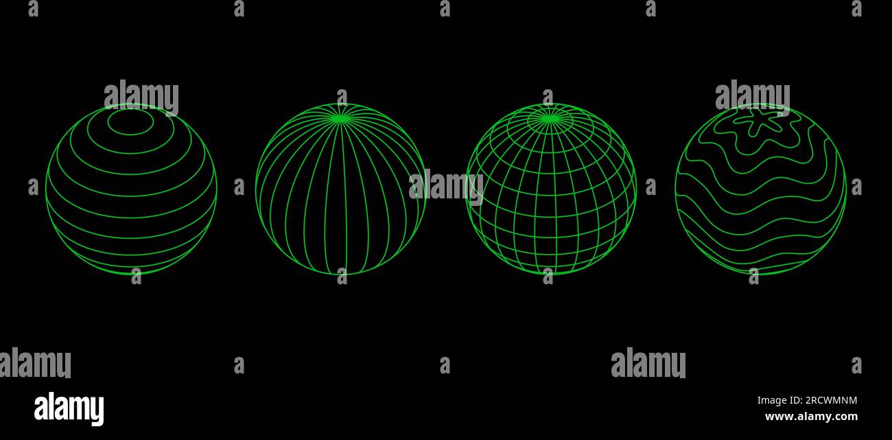 Neon green wireframe spheres collection. 3d outline globes with ...