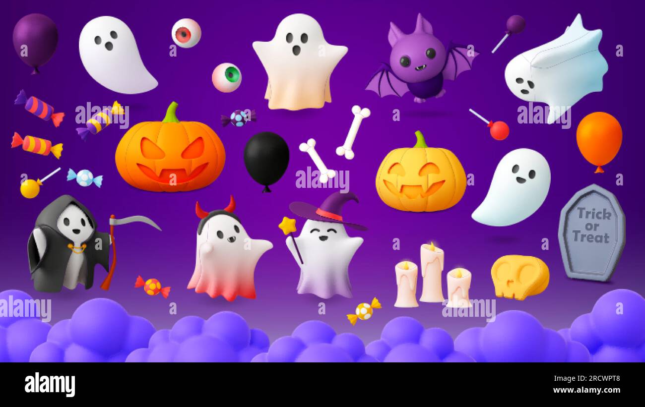 Halloween 3d elements. Horror mystery cartoon ghosts, pumpkin and bat. Monster characters, witch hat and candy render. Party pithy vector plasticine Stock Vector