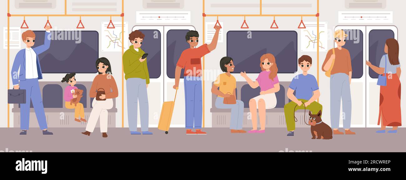 People in public transport, holding in bus or train. Metro travel, transportation service in city. Inside transport, urban subway snugly vector scene Stock Vector