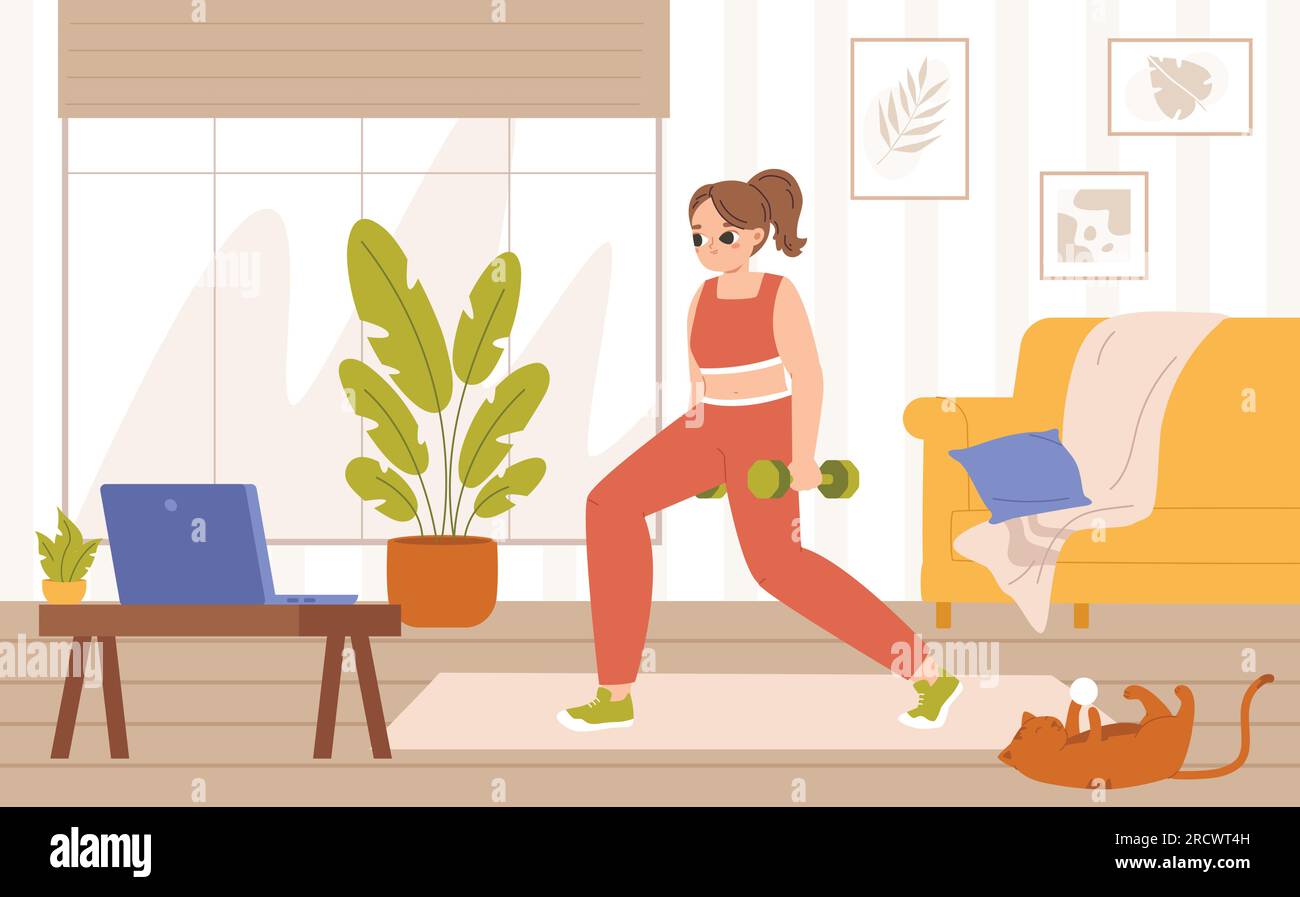 Online workout at home. Gym in living room with laptop virtual fitness training. Video sport lesson girl athlete doing exercises snugly vector scene Stock Vector Image Art Alamy
