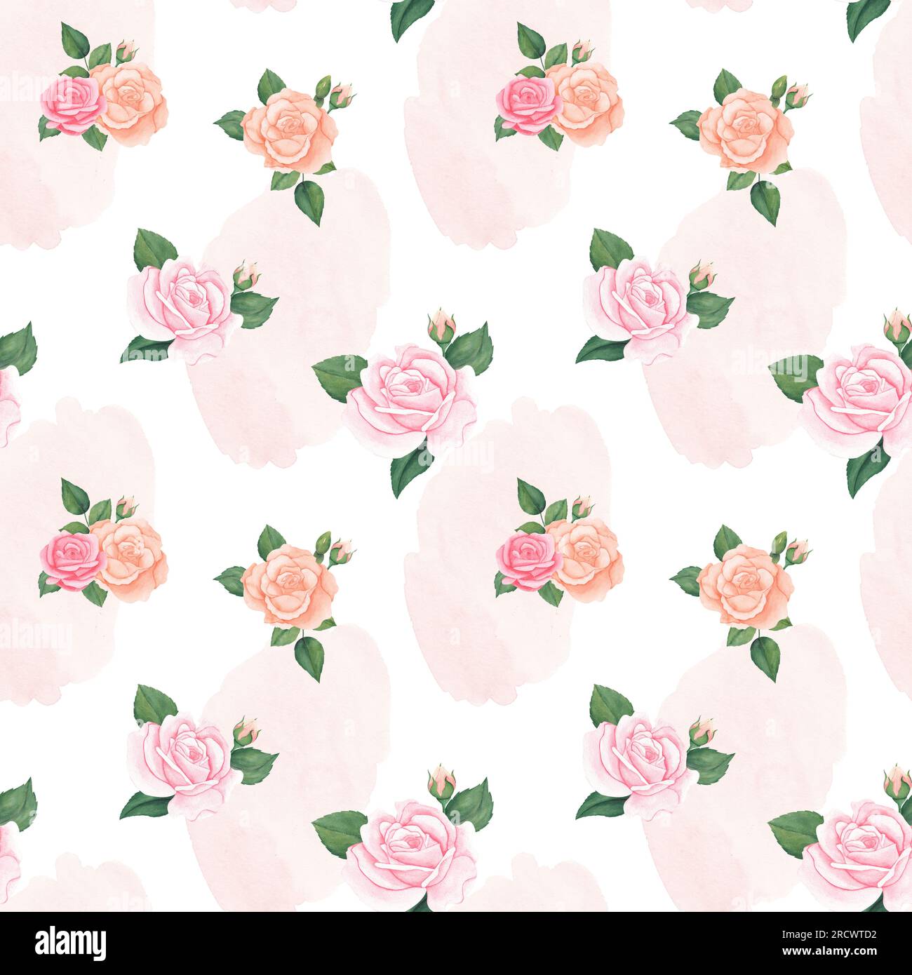 Seamless watercolor floral pattern - pink blush flowers elements, green leaves branches with pink watercolor splash on white background. for wrappers, Stock Photo