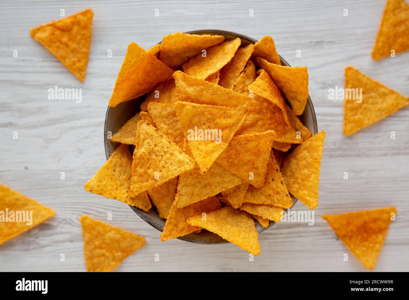 Mexican Chili Tortilla Chips in a Bowl, top view. Flat lay, overhead