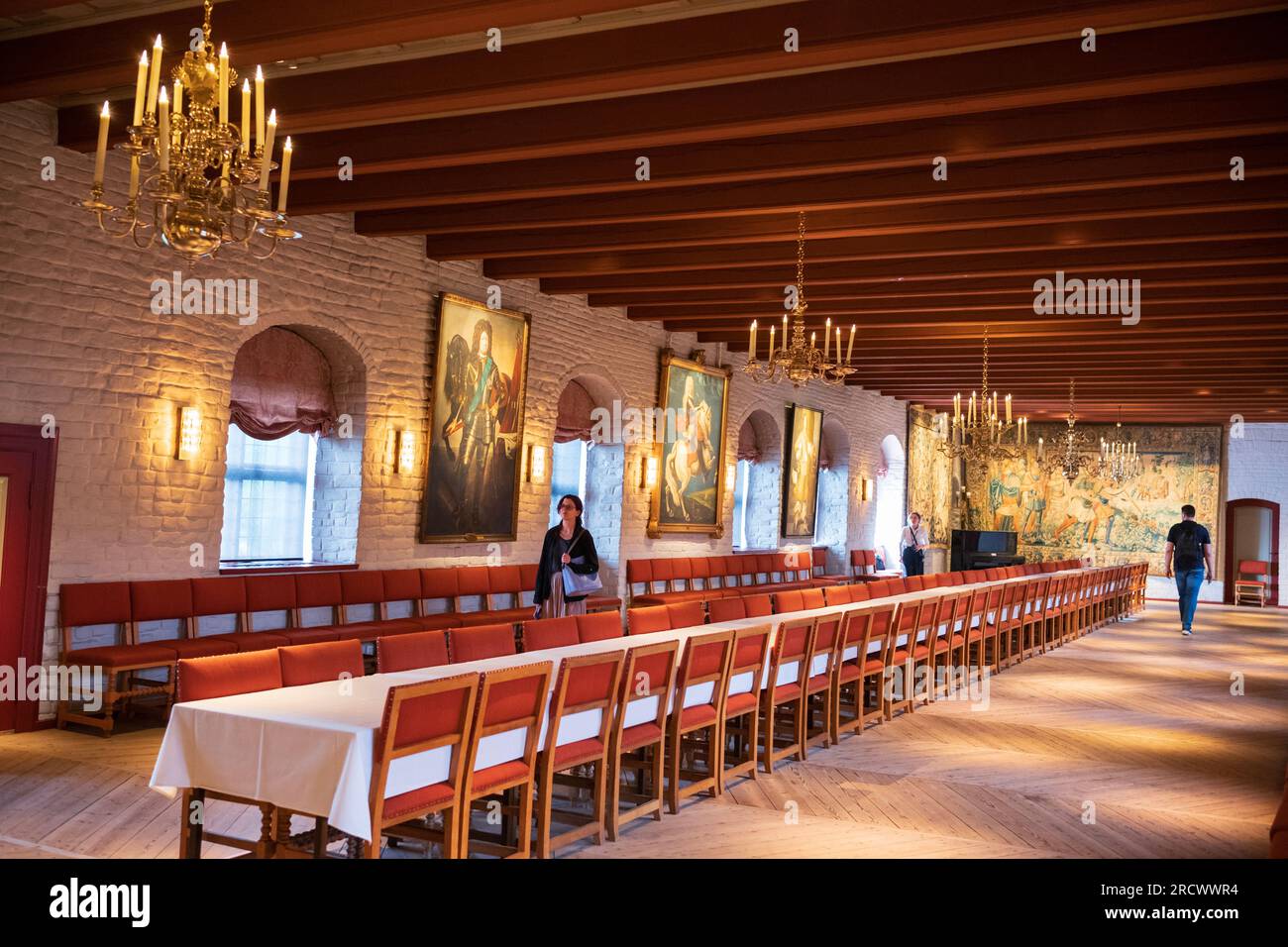 Oslo, Norway, June 19, 2023: Akershus Fortress was built during the Middle Ages to protect and provide a royal residence for the city. Tourists explor Stock Photo