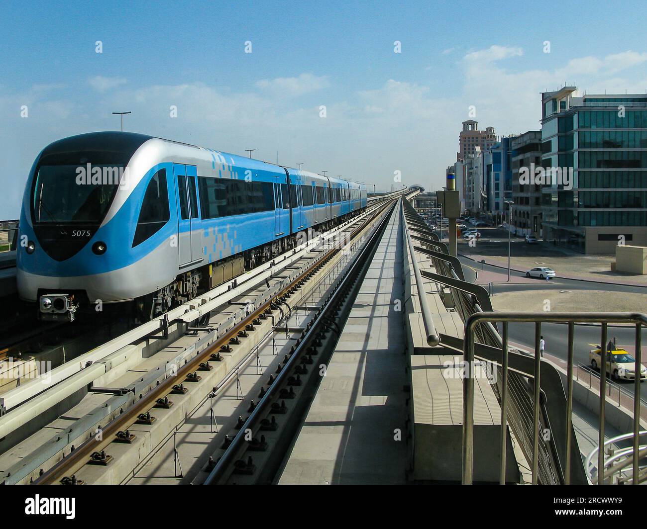 outside view of a metro train in Dubai, UAE Stock Photo