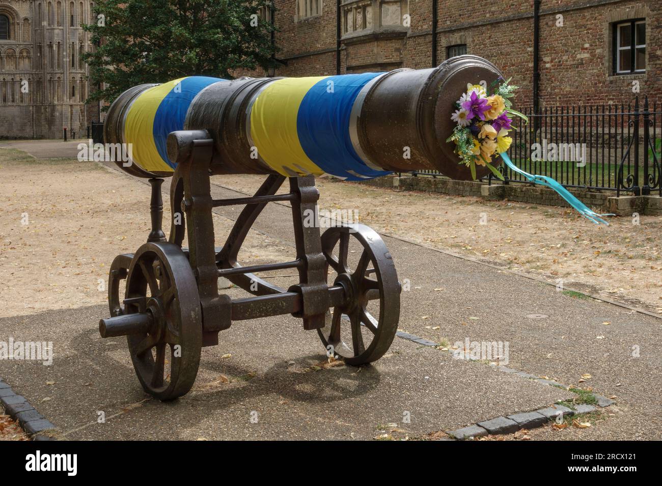 An antique iron cannon wrapped in the Ukrainian National flag with a symbolic bouquet of flowers in the barrel, in the forecourt of Ely Cathedral Stock Photo