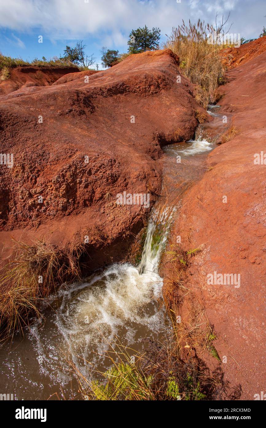Stream and cascade running over red clay, Kauai Stock Photo