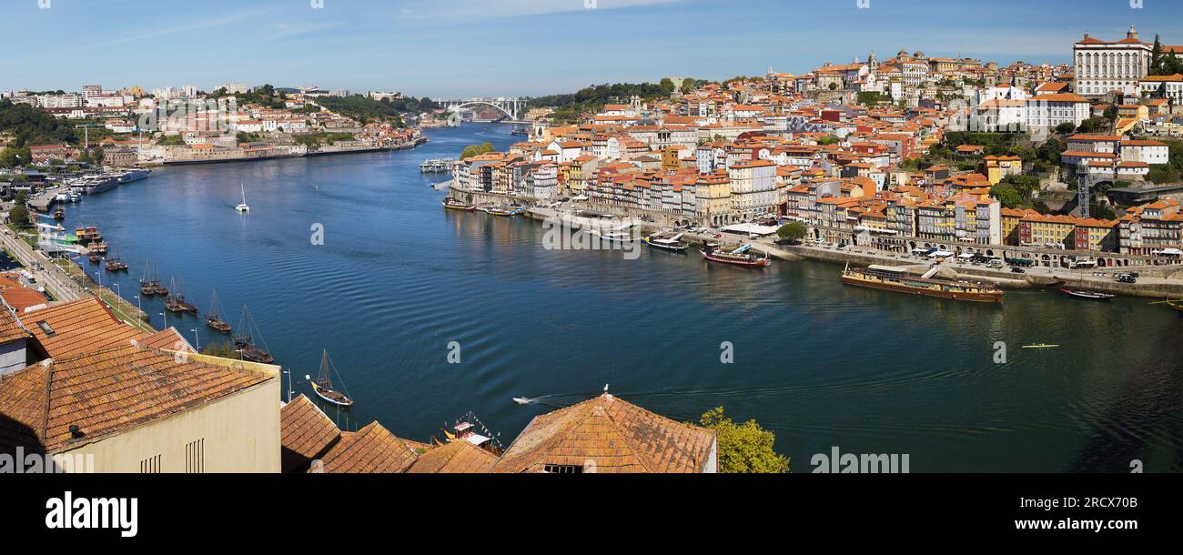 Porto, Portugal - August 24, 2020: The Douro between Porto and Vila Nova de Gaia from the top of Dom Luis I Bridge, Vila Nova de Gaia, Portugal. Stock Photo