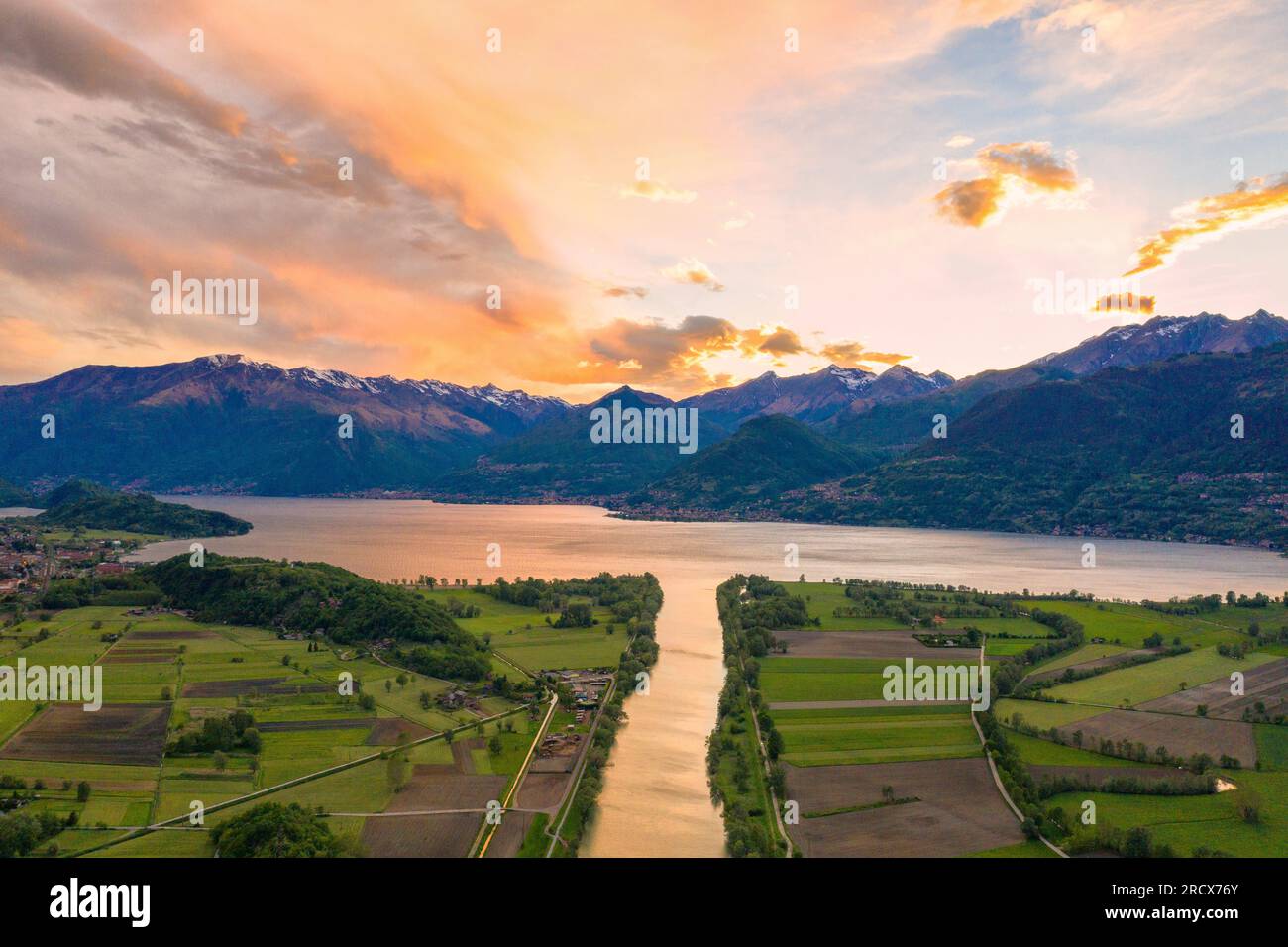 Sunset on river Adda flowing into Lake Como, Lombardy, Italy Stock Photo