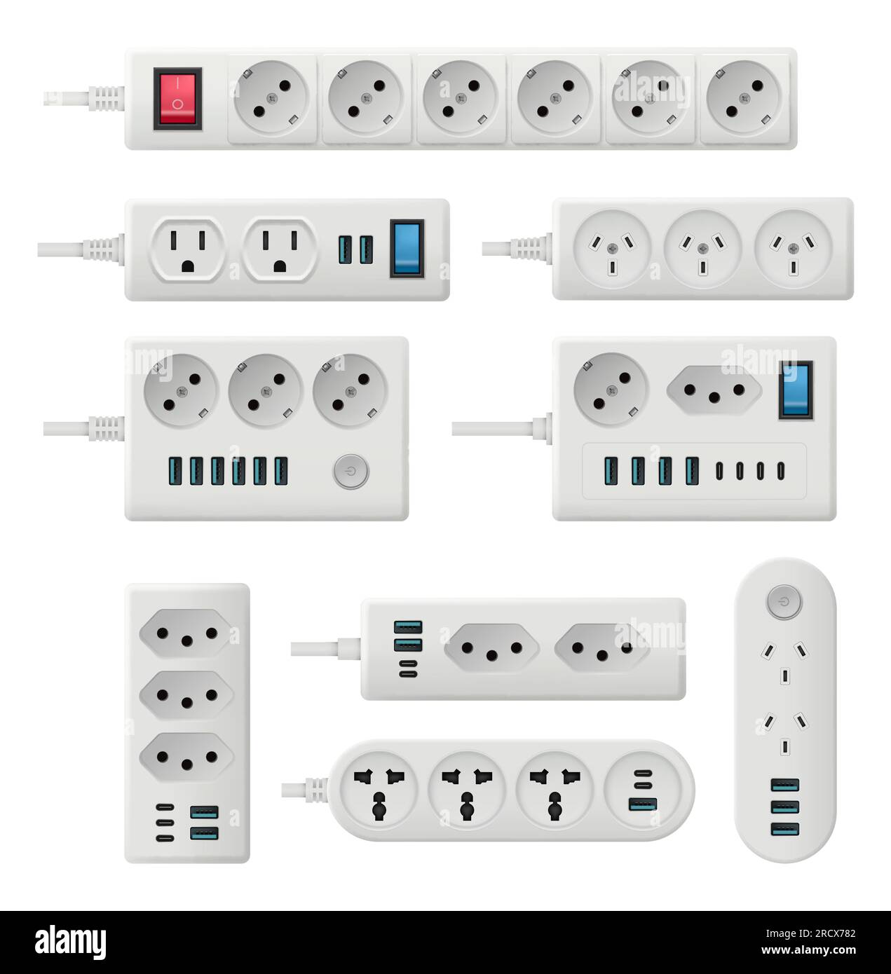 Electricity socket. Extension cords with electro plugs decent vector realistic pictures set