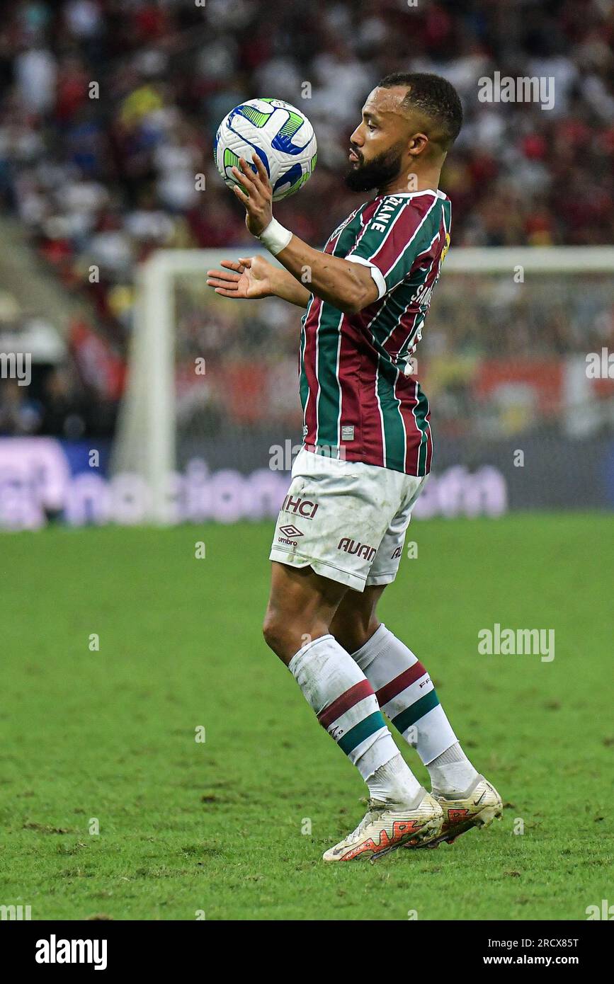 Samuel Xavier of Brazil's Fluminense, center, and Rene of Brazil's  Internacional head the ball during a Copa Libertadores semifinal second leg  soccer match at Beira Rio stadium in Porto Alegre, Brazil, Wednesday