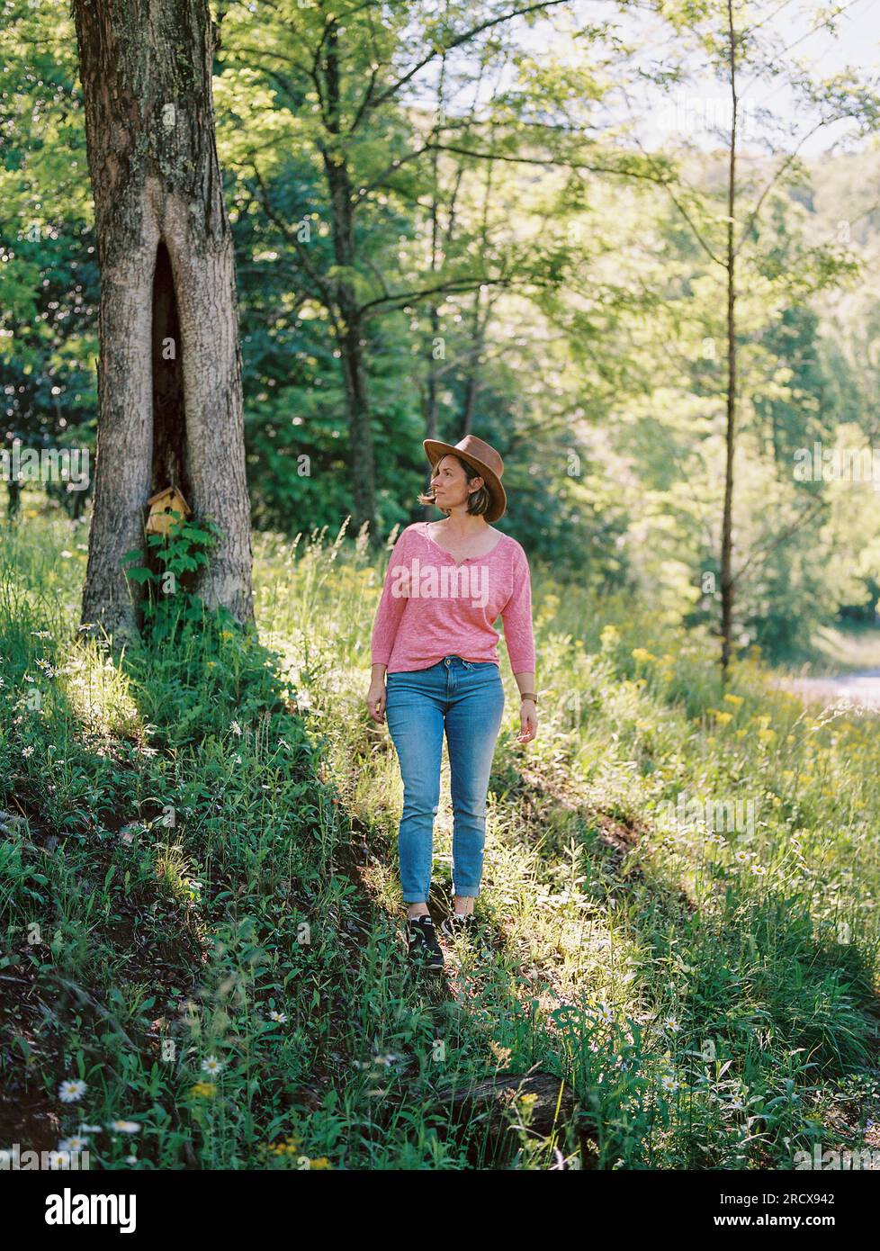beautiful middle-aged woman walking through the woods of Ellijay, GA. Stock Photo