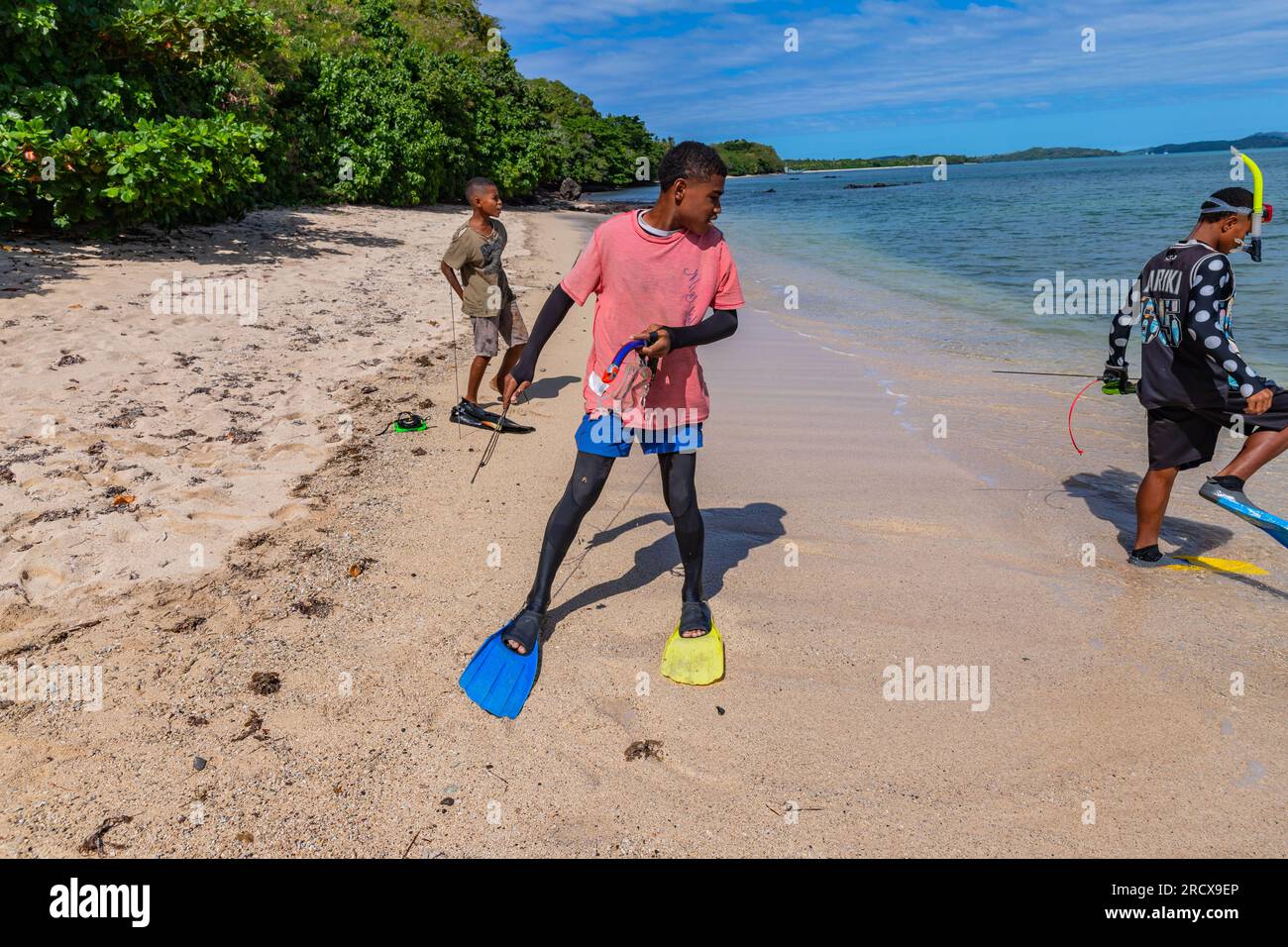 Nacula, Fiji: 26 May 2023: Local kids fishing at the beach, Nacula ...