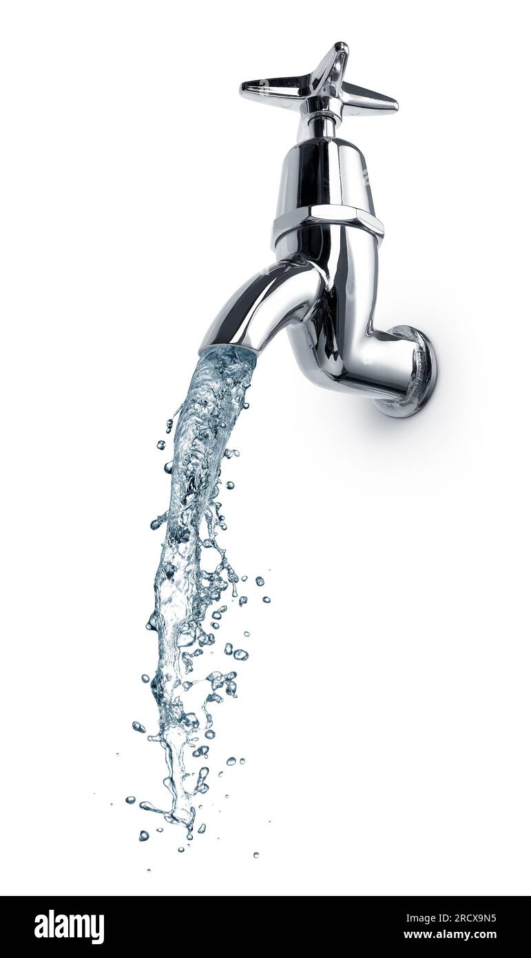Water splash flowing out from tap or faucet isolated on white Stock