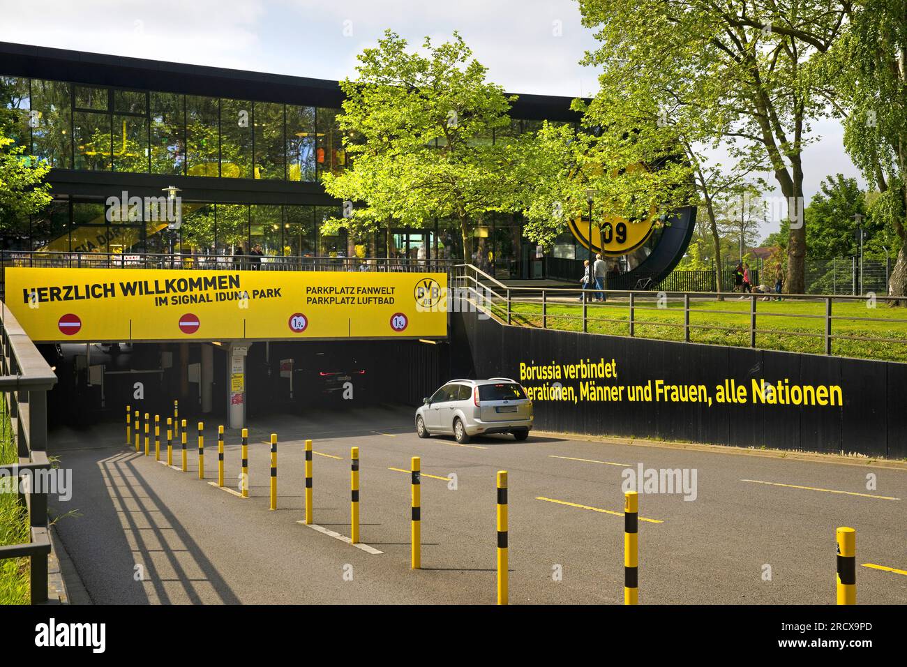 entrance to the multi-storey car park at the BVB Fan World of Borussia Dortmund, Germany, North Rhine-Westphalia, Ruhr Area, Dortmund Stock Photo