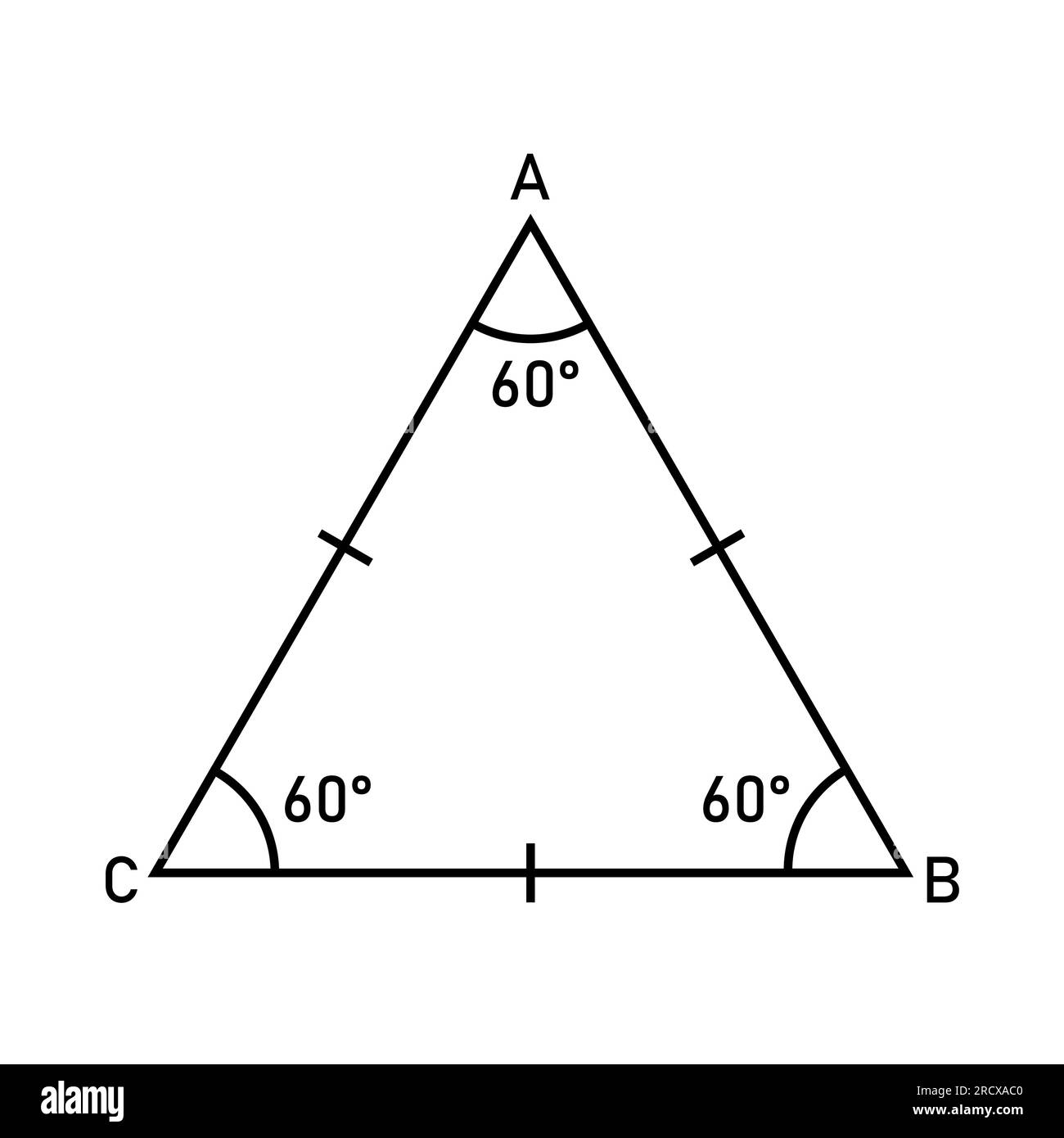 Properties of equilateral triangle in mathematics. Three sides with same length. Geometric shape. Vector illustration isolated on white background. Stock Vector