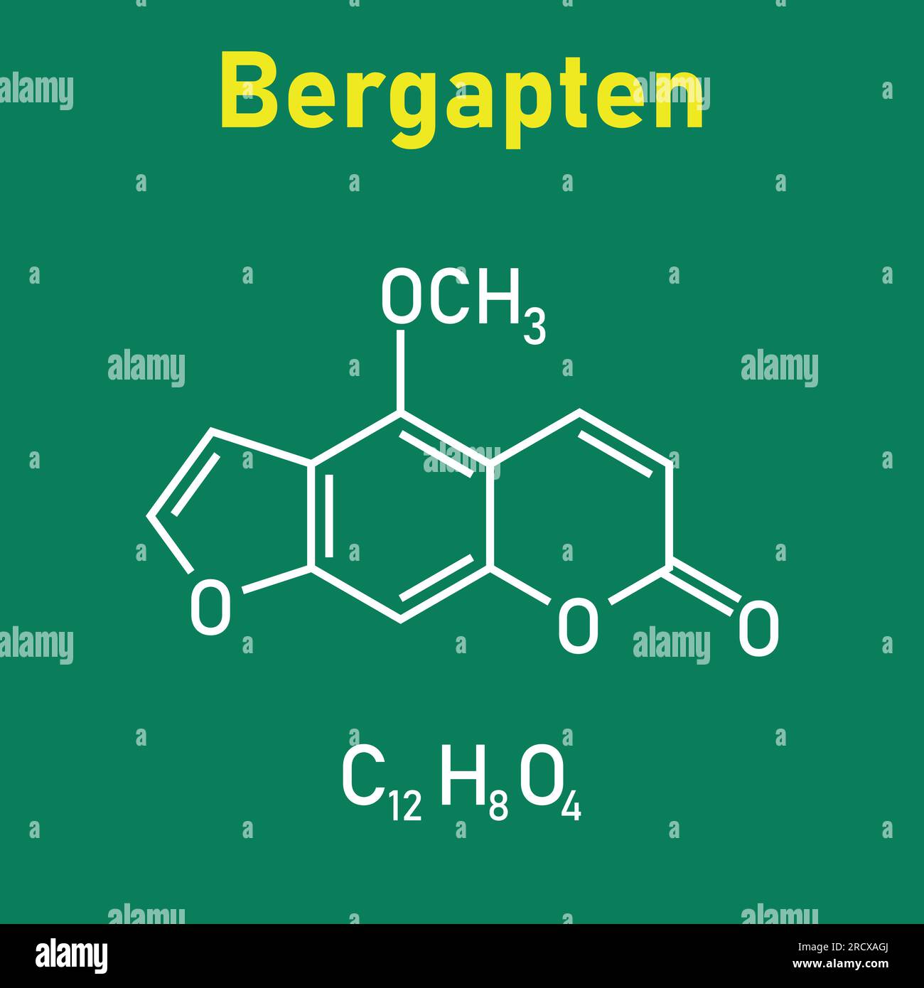 Chemical structure of Bergapten (C12H8O4). Chemical resources for teachers and students. Vector illustration isolated on white background. Stock Vector
