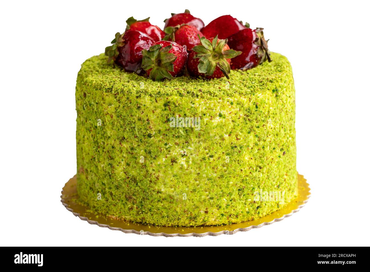 Pistachio and Strawberry Celebration Cake. Birthday cake isolated on white background Stock Photo