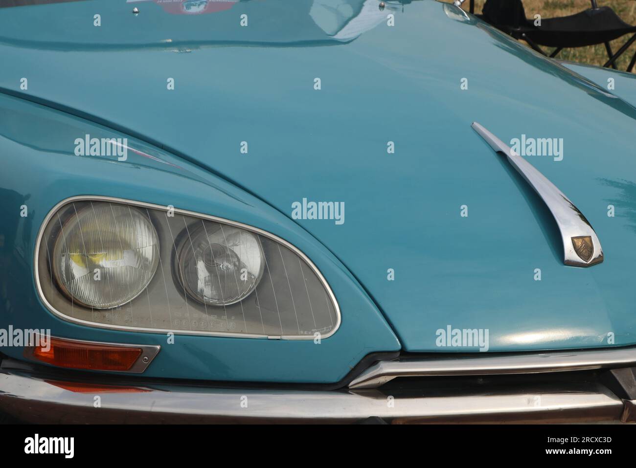 front of classic blue Citroën DS car close up in Lelystad, the Netherlands - June 18 2023 Stock Photo