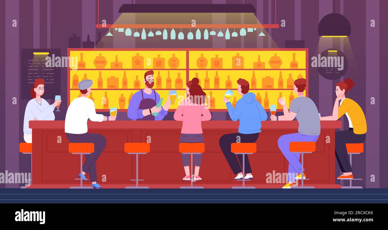 People at bar counter. Friends meeting in pub, guys talks barman drink beer alcoholic drinks, company chatting relax on chair cafe nightlife interior, splendid vector illustration of beer cafe counter Stock Vector