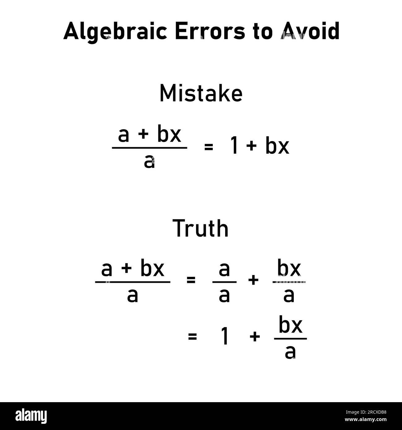 Mathematics errors problems and solutions. Algebra errors to avoid in mathematics. Common mistakes in math. Common algebra errors with solving. Stock Vector