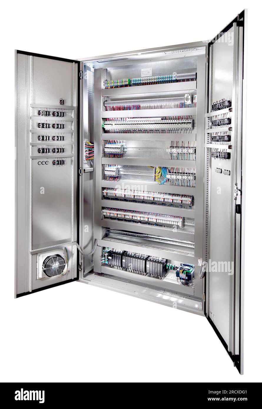 Voltage switchgear with circuit breakers and switches. Open door Stock