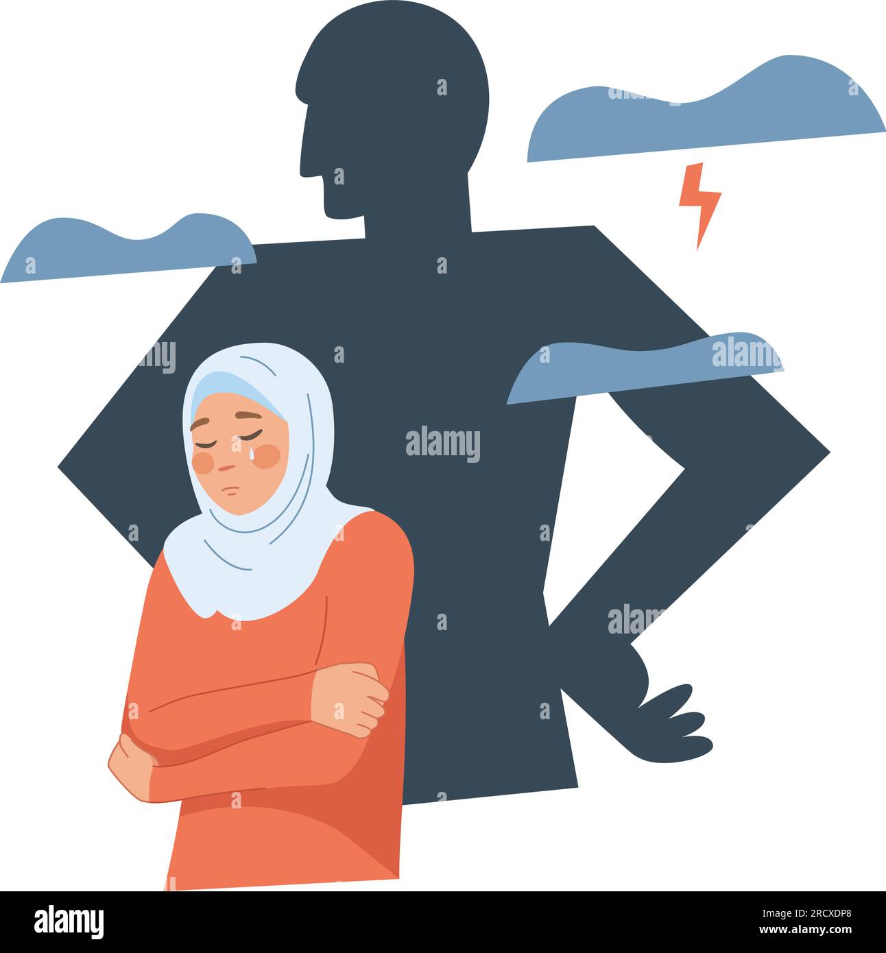 Arab violence. Sad scared muslim woman portrait with man bullying