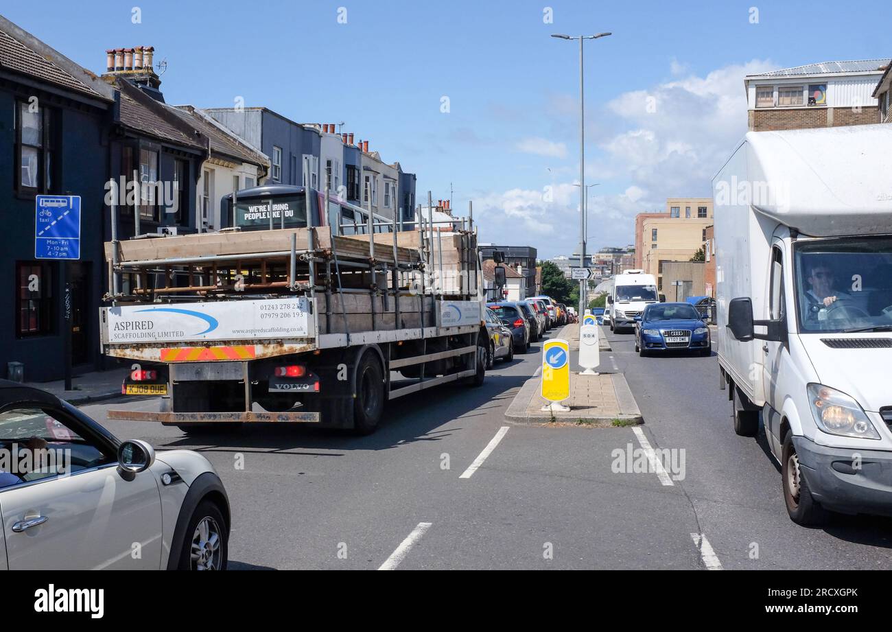 Brighton UK 17th July 2023 - Traffic congestion in Brighton due to streets still closed around The Royal Albion Hotel after the major fire over the weekend  : Credit Simon Dack / Alamy Live News Stock Photo