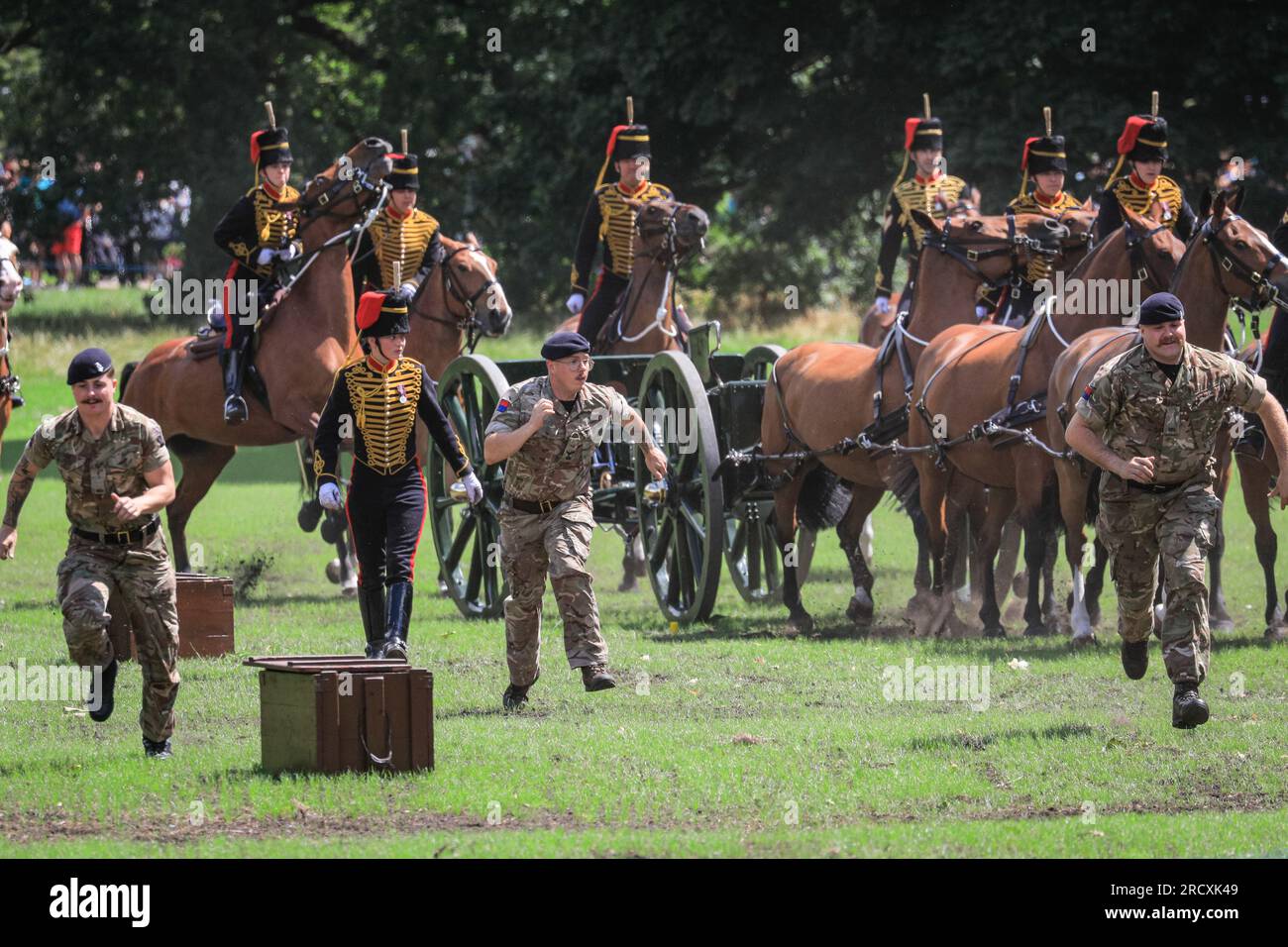 London, UK. 17th July, 2023. A female soldier is thrown off her horse