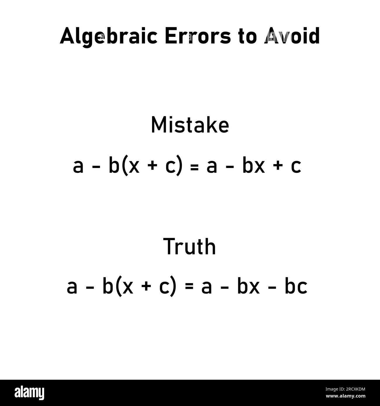 Mathematics errors problems and solutions. Algebra errors to avoid in mathematics. Common mistakes in math. Common algebra errors with solving. Stock Vector