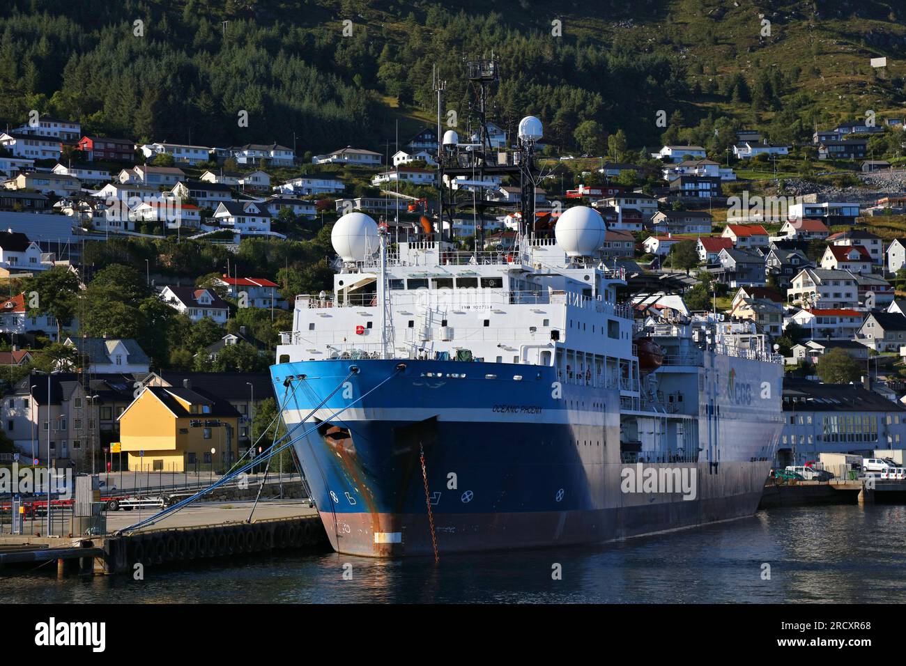 MALOY, NORWAY - JULY 25, 2020: Oceanic Phoenix cable laying ship converted to research vessel moored at Maloy harbor in Norway. Stock Photo